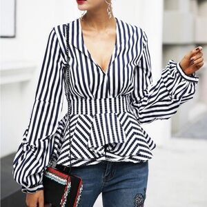 Chicwish Striped V-Neck Peplum Top‎